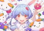  1girl :d absurdres animal_ear_fluff animal_ears bangs blue_hair blush braid bunny bunny_ears carrot_hair_ornament commentary creature don-chan_(usada_pekora) flower food-themed_hair_ornament fur_scarf hair_flower hair_ornament highres hikimayu hololive long_hair looking_at_viewer multicolored_hair nousagi_(usada_pekora) open_mouth orange_eyes outstretched_hand scarf short_eyebrows shyi smile solo swept_bangs thick_eyebrows twin_braids twintails two-tone_hair upper_teeth usada_pekora v-shaped_eyebrows white_hair white_scarf 