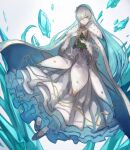  1girl absurdres anastasia_(fate) anastasia_(idolmaster) blue_eyes blue_footwear blue_hair cape chain doll dress fate/grand_order fate_(series) floating frilled_dress frills grey_hair hair_over_one_eye highres holding holding_doll huge_filesize ice ice_shard light_blue_eyes light_blue_hair long_hair multicolored multicolored_hair seiya_(artist) solo very_long_hair white_cape white_dress winter_clothes 
