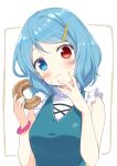  1girl :i adapted_costume blue_dress blue_eyes blue_hair blush bracelet breasts closed_mouth commentary_request doughnut dress eating eyebrows_visible_through_hair food food_on_face hair_ornament hairclip hands_up head_tilt heterochromia highres holding holding_food jewelry looking_at_viewer medium_breasts nnyara red_eyes short_hair sleeveless sleeveless_dress solo tatara_kogasa touhou upper_body 