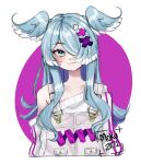  1girl :3 banmoku blue_eyes blue_hair blush collarbone dragon_girl elira_pendora english_commentary grey_overalls hair_over_one_eye head_wings highres looking_at_viewer mole nijisanji nijisanji_en off_shoulder one_eye_covered sketch smile solo sweater virtual_youtuber white_sweater 