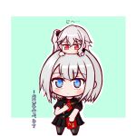  2girls admiral_graf_spee_(azur_lane) azur_lane blue_eyes blush chibi chibi_on_head commentary_request costume_request eyebrows_visible_through_hair high_school_fleet looking_at_another multiple_girls on_head red_eyes risemaru_(rise2032) short_hair side_ponytail silver_hair thea_kreutzer trait_connection translation_request 