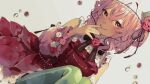  1girl bangs dress euphie_vt flower green_legwear hair_flower hair_ornament head_tilt highres looking_at_viewer nijisanji nijisanji_en pantyhose parted_lips pink_eyes pink_hair plant red_dress red_flower red_rose rose rosemi_lovelock short_sidetail smile solo thorns vines virtual_youtuber white_flower white_rose 