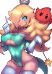  1girl alternate_costume bangs blonde_hair blue_eyes breasts brooch choker clothing_cutout crown dakusuta earrings elbow_gloves gloves hair_over_one_eye highres index_finger_raised jewelry leotard long_hair looking_at_viewer luma_(mario) mario_(series) rosalina thighhighs underboob underboob_cutout very_long_hair wand white_background white_gloves 