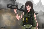  1girl artist_name assault_rifle bangs black_eyes black_hair blunt_bangs body_armor bodypaint closed_mouth combat_knife commando_(movie) commentary explosive eyebrows_visible_through_hair facepaint frown girls_und_panzer grenade grey_sky gun harness holding holding_gun holding_weapon knife long_hair looking_at_viewer matsui_yasutsugu nishizumi_shiho outdoors over_shoulder overcast parody pouch rain rifle signature sleeveless sleeveless_jacket solo standing straight_hair weapon weapon_over_shoulder 