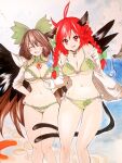  2girls :d :p animal_ear_fluff animal_ears bangs beach bikini bird_wings black_wings bow braid breasts brown_hair cape cat_ears cleavage closed_eyes cloud eyebrows_visible_through_hair feet_out_of_frame green_bikini green_bow hair_bow kaenbyou_rin long_hair looking_at_viewer marker_(medium) matsuppoi medium_breasts multiple_girls multiple_tails navel nekomata open_clothes open_mouth outdoors red_eyes red_hair reiuji_utsuho side_braids smile standing star_(symbol) star_print striped striped_bikini swimsuit tail third_eye tongue tongue_out touhou traditional_media twin_braids two_tails white_bikini white_cape wings 