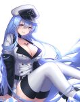  1girl akame_ga_kill! belt blue_eyes blue_hair blush boots breasts chest_tattoo choker cleavage commentary_request esdeath eyebrows_visible_through_hair hair_between_eyes hat highres ice large_breasts long_hair looking_at_viewer military military_uniform mole mole_under_eye open_mouth peaked_cap simple_background smile solo tattoo thigh_boots thighhighs tofu_fufu uniform very_long_hair white_background 