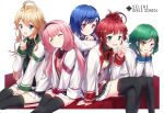  5girls ^_^ asahina_akane_(nijisanji) black_shirt black_skirt blazer blonde_hair blue_eyes brown_eyes closed_eyes collared_shirt dolphin_hair_ornament fang flat_chest green_eyes green_neckwear hair_behind_ear highres jacket kitakouji_hisui long_hair minowa_sukyaru multiple_girls necktie nijisanji nishizono_chigusa pink_hair purple_eyes red_hair school_uniform shirt short_hair sitting skirt smile suou_sango thighhighs tied_hair toudou_kohaku v virtual_youtuber white_jacket 