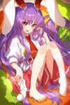  1girl animal_ears barefoot bunny_ears carrot collared_shirt eyebrows_visible_through_hair fuji_tarawi highres legs long_hair necktie no_shoes open_mouth purple_hair red_eyes red_neckwear reisen_udongein_inaba shirt short_sleeves socks socks_removed solo sweat sweatdrop touhou white_shirt 