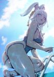  1girl animal_ears blue_eyes breasts bunny_ears day final_fantasy final_fantasy_xiv highres kio_naoki long_hair looking_at_viewer medium_breasts mole mole_under_mouth one-piece_swimsuit open_clothes pool_ladder solo swimsuit viera wet 