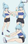  1girl aqua_(konosuba) aqua_wristband armpit_crease artist_name bangs bare_arms bare_legs bike_shorts black_shorts blue_background blue_eyes blue_footwear blue_hair blue_sports_bra breasts closed_mouth commentary english_commentary eyebrows_visible_through_hair eyes_visible_through_hair hair_over_eyes hair_rings hands_up highres impossible_clothes impossible_shirt kono_subarashii_sekai_ni_shukufuku_wo! large_breasts legs long_hair looking_at_viewer multiple_views navel shirt shoe_soles shoes shorts simple_background sitting skin_tight sneakers sports_bra sportswear stretch trembling wakkuchin20 watermark wristband 