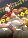  1girl 2boys absurdres bangle blonde_hair bracelet breasts closed_eyes diamond_(symbol) ghirahim gonzarez hair_over_one_eye hair_tubes highres jewelry link lying medium_breasts multiple_boys on_back princess_zelda the_legend_of_zelda the_legend_of_zelda:_skyward_sword white_hair 