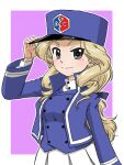  1girl adjusting_clothes adjusting_headwear bangs bc_freedom_(emblem) bc_freedom_military_uniform black_eyes black_ribbon blonde_hair blue_headwear blue_jacket blue_vest border closed_mouth commentary_request dress_shirt drill_hair emblem girls_und_panzer hair_ribbon hat high_collar jacket kepi long_hair long_sleeves looking_at_viewer low-tied_long_hair military military_hat military_uniform outline outside_border pleated_skirt purple_background ribbon shirt skirt smile sofue_(girls_und_panzer) solo standing takahashi_kurage translation_request uniform vest white_border white_outline white_shirt white_skirt 