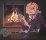  1girl black_legwear blonde_hair blood blood_splatter box choker christmas_stocking cup ear_clip ear_piercing fire fireplace fur_trim gift gift_box hair_over_one_eye halloween_(movie) highres hockey_mask idolmaster idolmaster_cinderella_girls jarv looking_at_viewer mug multiple_piercings piercing red_eyes shirasaka_koume short_hair smile solo steam thighhighs thighs 