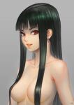  1girl absurdres artist_logo bangs black_hair breasts collarbone commentary darkmuleth earrings grey_background hair_censor hair_over_breasts highres jewelry long_hair looking_at_viewer medium_breasts nude original parted_lips red_eyes red_lips shiny shiny_hair sidelocks simple_background solo upper_body 