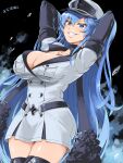  1girl akame_ga_kill! arms_behind_head arms_up belt blue_eyes blue_hair boots breasts chest_tattoo choker cleavage coat commentary_request commission english_commentary esdeath eyebrows_visible_through_hair grin hair_between_eyes hat highres ice large_breasts long_hair looking_at_viewer military military_uniform peaked_cap smile solo tattoo teeth thigh_boots thighhighs uniform very_long_hair yoshitake_maki zettai_ryouiki 