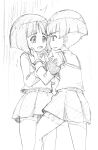  2girls against_wall armband bangs blouse blunt_bangs blunt_ends bob_cut commentary frown girls_und_panzer gotou_moyoko graphite_(medium) greyscale hand_on_another&#039;s_face hands_together holding_hands konparu_nozomi kumagapaniti long_sleeves looking_at_another medium_hair miniskirt monochrome multiple_girls neckerchief ooarai_school_uniform open_mouth parted_lips pleated_skirt school_uniform serafuku short_hair skirt standing tearing_up traditional_media trembling 