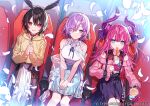  3girls aqua_eyes belt black_bow black_hair blue_skirt bow breasts churro collar cup curled_horns disposable_cup drinking_straw eating elizabeth_bathory_(fate) elizabeth_bathory_(fate)_(all) fate/grand_order fate_(series) feather_hair food food_on_face hair_ribbon hanagata hands_clasped hands_on_lap hood hoodie horns long_hair long_sleeves mash_kyrielight medium_breasts movie_theater multiple_girls off-shoulder_shirt off_shoulder official_art open_mouth ortlinde_(fate) own_hands_together petals pink_collar pink_hair pink_shirt pointy_ears puffy_long_sleeves puffy_sleeves purple_eyes purple_hair purple_ribbon red_eyes ribbon shawl shirt short_hair sitting skirt sleeveless sleeveless_shirt smile tearing_up two_side_up valkyrie_(fate) wavy_mouth white_shirt white_skirt yellow_hoodie 