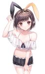  1girl :&lt; absurdres animal_ears arm_up bangs bare_shoulders bikini black_hairband brown_eyes brown_hair bunny_ears closed_mouth collarbone commentary_request dabi_(dabibubi) eyebrows_visible_through_hair fake_animal_ears hairband halter_top halterneck highres looking_at_viewer navel off-shoulder_bikini off_shoulder project_sekai see-through shinonome_ena simple_background solo swimsuit v-shaped_eyebrows white_background white_bikini 