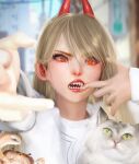  +_+ 1girl absurdres blonde_hair blurry cat chainsaw_man crab demon_horns depth_of_field finger_gun finger_in_mouth furrowed_brow highres horns looking_at_viewer open_mouth power_(chainsaw_man) red_horns red_pupils sharp_teeth shirt stormyorha teeth white_shirt yellow_eyes 