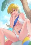 1girl absurdres bangs beach bikini blonde_hair breasts cloud day drelouder happy highres large_breasts long_hair looking_at_viewer navel ocean open_mouth outdoors palm_tree sky smile solo swimsuit tenjouin_asuka tree water yellow_eyes yu-gi-oh! 