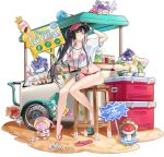  1girl ark_order artist_request bangs bare_legs baseball_cap bikini black_hair bracelet breasts cart conch cooler crop_top crown_print food hair_flaps hat hat_writing high_ponytail holding holding_sign ice_cream jewelry large_breasts megaphone official_art pink_eyes red_bikini red_footwear red_headwear sand sandals see-through_shirt shell shirt sign snow_white_(ark_order) snow_white_and_the_seven_dwarfs solo_focus sparkle swimsuit t-shirt transparent_background white_shirt 