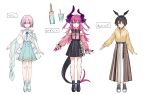  3girls :o absurdres aqua_eyes belt black_bow black_footwear black_hair blue_footwear blue_skirt bow breasts character_name character_sheet churro collar cup curled_horns disposable_cup dragon_tail drinking_straw elizabeth_bathory_(fate) elizabeth_bathory_(fate)_(all) fate/grand_order fate_(series) feather_hair full_body hair_ribbon hanagata highres hood hoodie horns long_hair long_skirt long_sleeves mary_janes mash_kyrielight medium_breasts multiple_girls neck_ribbon off-shoulder_shirt off_shoulder ortlinde_(fate) petals pink_collar pink_hair pink_shirt pointy_ears puffy_long_sleeves puffy_sleeves purple_eyes purple_hair purple_ribbon red_eyes ribbon shawl shirt shoes short_hair simple_background skirt sleeveless sleeveless_shirt smile sneakers socks standing tail two_side_up valkyrie_(fate) white_background white_shirt white_skirt yellow_hoodie 