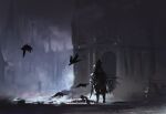  1girl armor bird bloodborne cape commentary crow dark eileen_the_crow full_armor hat holding holding_sword holding_weapon miso_katsu negative_space outdoors solo standing sword weapon 