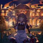  1girl absurdres apron black_dress blurry blurry_background breasts brown_hair burning cigarette dress facing_viewer fire gas_can highres kurokiri6630 large_breasts maid maid_apron night night_sky outdoors path sky smoking standing tree 