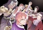  6+boys ascot black_background bracelet brown_eyes brown_hair brown_vest character_request cravat fusaishi_haruaki glasses gloves grey_eyes gyakuten_saiban hades_(game) hand_up heshikiri_hasebe hood jewelry kyogokudo looking_back male_focus meitantei_conan mitsurugi_reiji multiple_boys nipples okiya_subaru pectorals pink_hair raging_loop red_eyes robe short_hair silver_hair smile star_(symbol) sword thanatos_(hades) touken_ranbu trait_connection vest weapon white_gloves yellow_eyes 