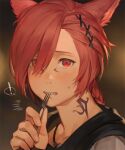  ! 1boy animal_ears bangs blush braid cat_ears fangs ffxivys final_fantasy final_fantasy_xiv fork g&#039;raha_tia hair_ornament hair_over_one_eye hand_up holding holding_fork jewelry looking_at_viewer male_focus miqo&#039;te neck_tattoo necklace portrait red_eyes red_hair single_braid solo swept_bangs tattoo utensil_in_mouth x_hair_ornament 