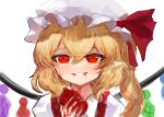  1girl bangs blonde_hair blood blood_on_face bloody_hands bow commentary_request crystal dokomon eyebrows_visible_through_hair flandre_scarlet grin hair_between_eyes hat hat_bow highres holding korean_commentary long_hair mob_cap one_side_up puffy_sleeves red_bow red_eyes shirt simple_background sketch smile solo touhou upper_body white_background white_headwear white_shirt wings 