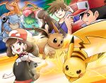  2boys 2girls :d ayo_(ayosanri009) backpack badge bag bangs baseball_cap black_hair blastoise blue_oak brown_eyes brown_hair charizard clenched_hand closed_mouth collarbone commentary_request eevee elaine_(pokemon) electricity eyelashes gen_1_pokemon green_(pokemon) hair_flaps hand_up hat holding holding_poke_ball jewelry long_hair multiple_boys multiple_girls necklace open_mouth pikachu poke_ball poke_ball_(basic) pokemon pokemon_(game) pokemon_lgpe purple_shirt red_(pokemon) red_headwear shirt short_hair short_sleeves sidelocks smile spiked_hair strap tongue upper_teeth venusaur 