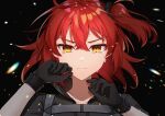  1girl ahoge bangs black_background black_gloves black_scrunchie black_shirt closed_mouth collared_shirt commentary_request crying crying_with_eyes_open eyebrows_visible_through_hair fate/grand_order fate_(series) fujimaru_ritsuka_(female) gloves hair_between_eyes hair_ornament hair_scrunchie highres looking_at_viewer orange_hair polar_chaldea_uniform scrunchie shirt short_hair short_sleeves side_ponytail sidelocks solo tearing_up tears tila_276 yellow_eyes 
