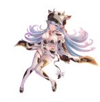  1girl absurdres animal_ears aqua_hair blush bow breasts cleavage commentary_request cow_ears cow_hat cow_tail detached_sleeves ear_piercing granblue_fantasy highres long_hair long_sleeves multicolored_hair patterned_clothing piercing pink_eyes purple_hair see-through shatola_(granblue_fantasy) shorts solo streaked_hair sylnice tabi tail tail_bow tail_ornament thighhighs unbuttoned_shorts white_legwear 