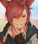  1boy animal_ears bangs cat_ears commentary facial_mark ffxivys final_fantasy final_fantasy_xiv fingerless_gloves fingers_to_cheeks g&#039;raha_tia gloves grin hair_ornament hair_over_one_eye looking_at_viewer male_focus miqo&#039;te neck_tattoo portrait red_eyes red_hair short_hair slit_pupils smile solo swept_bangs tattoo x_hair_ornament 