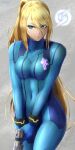  1girl absurdres bangs blonde_hair blue_eyes bodysuit breasts commentary_request covered_navel cowboy_shot gun hair_between_eyes hands_together hiby highres holding holding_gun holding_weapon huge_filesize large_breasts logo long_hair metroid parted_lips plasma_pistol ponytail samus_aran skin_tight solo super_smash_bros. very_long_hair weapon wrist_cuffs zero_suit 