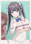  ahoge asou_(asabu202) bare_shoulders belt blue_background blue_eyes bow bowtie breasts breasts_outside character_name closed_mouth covered_nipples dress dungeon_ni_deai_wo_motomeru_no_wa_machigatteiru_darou_ka grin hair_ornament hestia_(danmachi) highres jealous large_breasts liliruca_arde long_hair navel shade short_hair sidelocks simple_background small_breasts smile torn_clothes twintails 