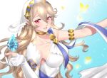  1girl alternate_hairstyle armlet asymmetrical_clothes azura_(fire_emblem) azura_(fire_emblem)_(cosplay) bangs bare_shoulders blush breasts bug butterfly choker commentary_request corrin_(fire_emblem) corrin_(fire_emblem)_(female) cosplay detached_sleeves dragonstone dress elbow_gloves eyebrows_visible_through_hair fire_emblem fire_emblem_fates fire_emblem_heroes floating floating_object gloves hair_between_eyes hair_ornament hairband highres insect jewelry lips long_hair looking_at_viewer manakete medium_breasts official_alternate_costume partially_fingerless_gloves pink_lips platinum_blonde_hair pointy_ears red_eyes single_glove single_sleeve single_strap sleeveless sleeveless_dress smile solo teeth tombsakura twitter_username veil white_dress white_gloves white_headwear white_sleeves white_veil 