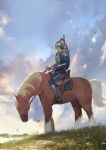  1boy androgynous armor blonde_hair blue_eyes blue_pants blue_sky boots cloud cloudy_sky from_side gauntlets grass helmet highres horseback_riding knight link looking_at_viewer male_focus metal_boots miso_katsu outdoors pants pauldrons plume ponytail riding shoulder_armor sky smile tabard the_legend_of_zelda 