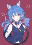  1girl absurdres ahoge amino_(li0a4) animal_ear_fluff animal_ears bangs blue_hair blue_jacket brown_eyes cat_ears cat_tail closed_mouth cropped_torso detached_collar detached_sleeves eyebrows_visible_through_hair floating_hair hair_between_eyes hair_ribbon highres huge_filesize jacket long_hair looking_at_viewer low_twintails precure red_background ribbon shiny shiny_hair sleeveless sleeveless_jacket smile solo star_twinkle_precure tail twintails white_ribbon white_sleeves yuni_(precure) 