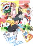  1girl 2boys :d alternate_costume ash_ketchum ayo_(ayosanri009) balancing bangs black_hair braid braided_ponytail brown_eyes chloe_(pokemon) cinderace commentary_request dracovish eevee floral_print galarian_darumaka galarian_form gen_1_pokemon gen_8_pokemon goh_(pokemon) green_eyes holding japanese_clothes kimono koko_(pokemon) long_hair magikarp multiple_boys mythical_pokemon oddish on_head on_shoulder open_mouth pikachu pink_kimono pokemon pokemon_(anime) pokemon_(creature) pokemon_m23 pokemon_on_head pokemon_on_shoulder pokemon_swsh_(anime) sandals short_hair smile snom sobble spinning_top standing starter_pokemon tabi tongue wide_sleeves yamper zarude 