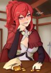  anna_(fire_emblem) blush breast_strap breasts cape capelet cleavage commission finger_in_mouth fire_emblem fire_emblem_fates fire_emblem_heroes gold heart heart_eyes highres hood long_hair long_sleeves money moneybag nail_polish ponytail red_eyes red_hair seductive_smile smile sword table thief tsunsune weapon 