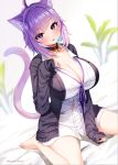  1girl :p ahoge animal_ear_fluff animal_ears artist_name bangs bare_legs barefoot black_choker black_jacket blush breasts cat_ears choker cleavage commentary_request eyebrows_visible_through_hair hololive huge_breasts jacket long_sleeves looking_at_viewer marota neck_ribbon nekomata_okayu no_pants open_clothes open_jacket purple_eyes purple_hair purple_neckwear purple_ribbon ribbon shirt short_hair sitting sleeves_past_wrists smile solo thighs tongue tongue_out twitter_username virtual_youtuber wariza white_background white_shirt 