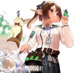  024th 1girl absurdres animal animal_ears arknights bangs belt black_bow blue_butterfly bow brown_belt brown_eyes brown_hair brown_legwear bug butterfly butterfly_on_finger commentary flower fox fox_ears green_butterfly hair_bow hand_up highres holding_hose insect long_hair long_sleeves looking_at_animal official_alternate_costume pantyhose parted_lips perfumer_(arknights) perfumer_(species_plantarum)_(arknights) ponytail red_bow scissors shirt simple_background solo striped striped_bow vial water white_background white_flower white_shirt 