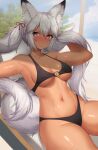  1girl :o absurdres animal_ear_fluff animal_ears bangs bare_shoulders beach bikini black_bikini blush bow breasts brown_eyes collarbone cowboy_shot dark-skinned_female dark_skin day eyebrows_visible_through_hair hair_between_eyes hair_bow highres large_breasts long_hair looking_at_viewer mathew_(srmmk_mce) navel o-ring o-ring_bikini original outdoors palm_tree red_bow silver_hair sitting solo stomach sweat swimsuit tail tree twintails underboob very_long_hair 