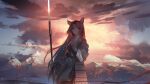  1girl animal_ears arknights bangs black_hair cloud cloudy_sky dog_ears dog_girl evening han_yijie highres holding holding_weapon long_hair looking_to_the_side mountain mountainous_horizon parted_bangs saga_(arknights) sky solo traditional_clothes very_long_hair weapon 