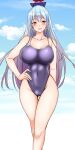  1girl bangs blue_hair blue_sky blue_swimsuit cloud commentary_request competition_school_swimsuit feet_out_of_frame hand_on_hip hat highleg highleg_swimsuit highres kamishirasawa_keine long_hair multicolored_hair red_eyes school_swimsuit shiraue_yuu silver_hair sky solo swimsuit touhou two-tone_hair 