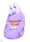  1girl animal_ears artist_name blush colored_eyelashes eyelashes full_body furry goat_ears goat_horns hands_together highres horns inuki_(aruurara) japanese_clothes kimono kneeling looking_at_viewer purple_eyes simple_background smile solo toriel undertale white_fur 