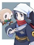  1girl ayo_(ayosanri009) bird black_hair border brown_bag closed_mouth commentary eyelashes female_protagonist_(pokemon_legends:_arceus) gen_7_pokemon grey_eyes hand_up head_scarf long_hair looking_at_viewer outside_border owl pokemon pokemon_(creature) pokemon_(game) pokemon_legends:_arceus ponytail red_scarf rowlet sash scarf sidelocks smile starter_pokemon v-shaped_eyebrows white_border white_headwear 