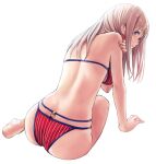  1girl american_flag_bikini applekun ass back barefoot bikini blue_eyes breasts earrings fate/grand_order fate_(series) flag_print from_behind hair_down hand_on_own_arm highres jewelry long_hair looking_at_viewer looking_back miyamoto_musashi_(fate) miyamoto_musashi_(swimsuit_berserker)_(fate) o-ring o-ring_bikini pink_hair sideways_glance solo swimsuit 